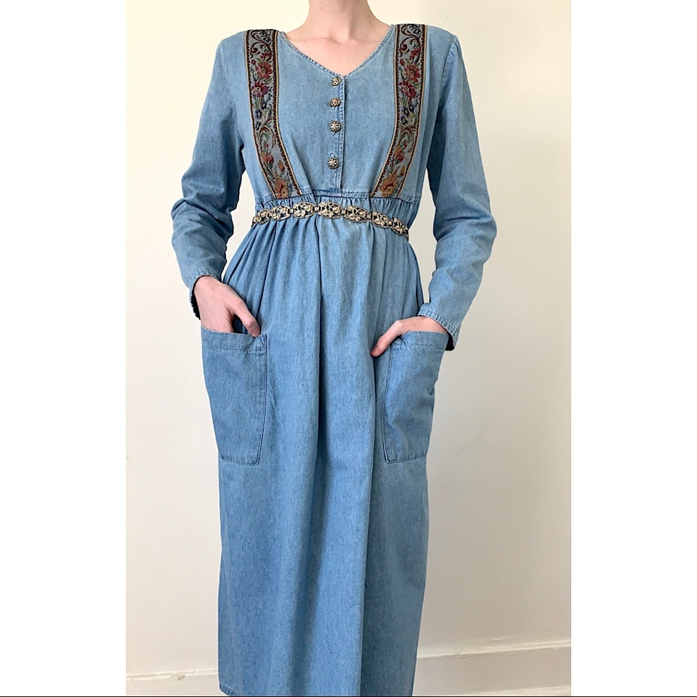 Vintage 90s Motherhood Maternity Denim Long Sleeve Maxi Dress Size Medium